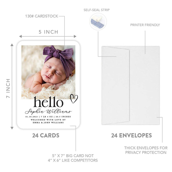 Custom Baby Photo Announcement Cards with Envelopes for Keepsake Notes, Set of 24-Set of 24-Andaz Press-Hello Heart-