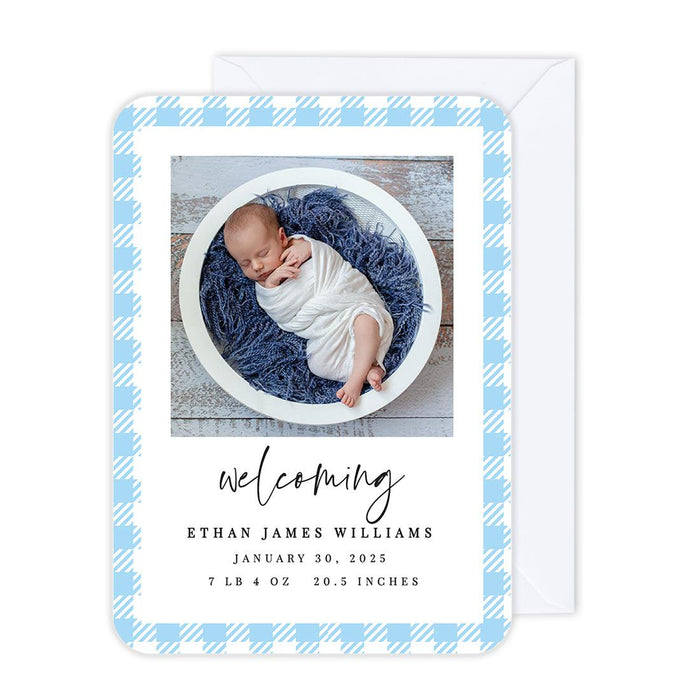Custom Baby Photo Announcement Cards with Envelopes for Keepsake Notes, Set of 24-Set of 24-Andaz Press-Baby Blue Plaid-
