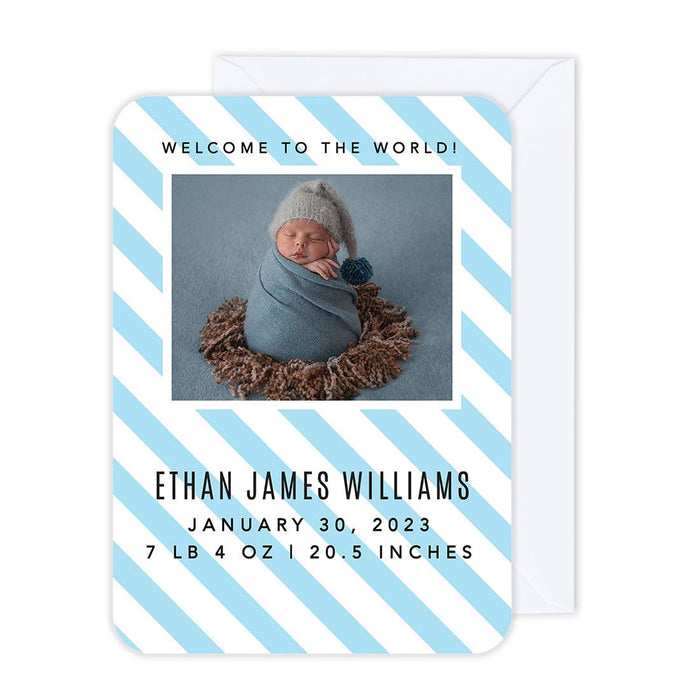 Custom Baby Photo Announcement Cards with Envelopes for Keepsake Notes, Set of 24-Set of 24-Andaz Press-Baby Blue Stripes-