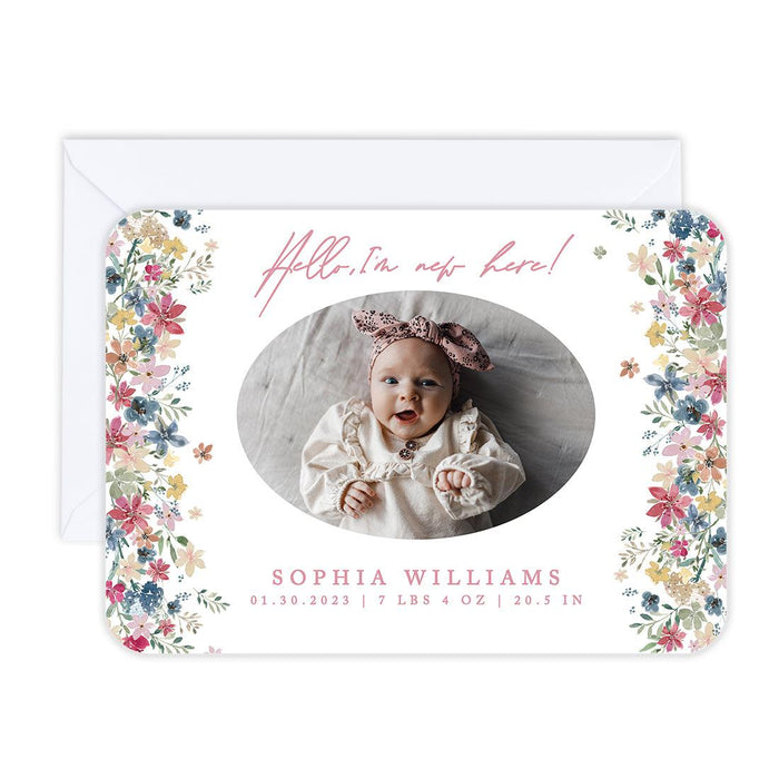 Custom Baby Photo Announcement Cards with Envelopes for Keepsake Notes, Set of 24-Set of 24-Andaz Press-Florals Hello, I'm New Here-