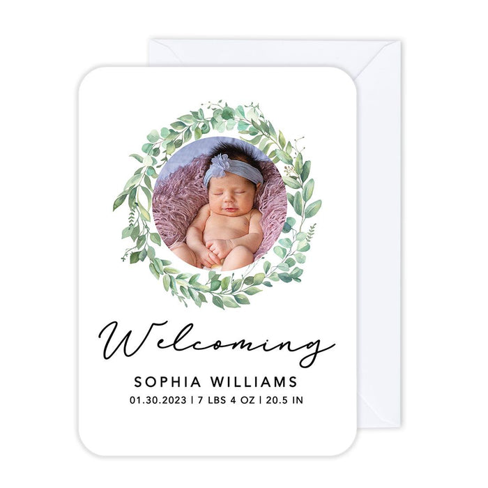 Custom Baby Photo Announcement Cards with Envelopes for Keepsake Notes, Set of 24-Set of 24-Andaz Press-Greenery Wreath-