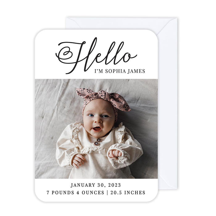 Custom Baby Photo Announcement Cards with Envelopes for Keepsake Notes, Set of 24-Set of 24-Andaz Press-Hello-