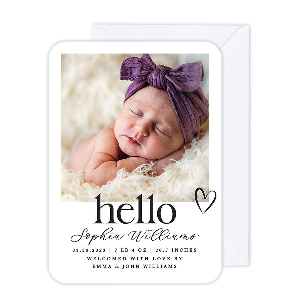 Custom Baby Photo Announcement Cards with Envelopes for Keepsake Notes, Set of 24-Set of 24-Andaz Press-Hello Heart-