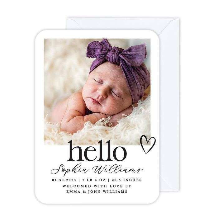 Custom Baby Photo Announcement Cards with Envelopes for Keepsake Notes, Set of 24-Set of 24-Andaz Press-Hello Heart-