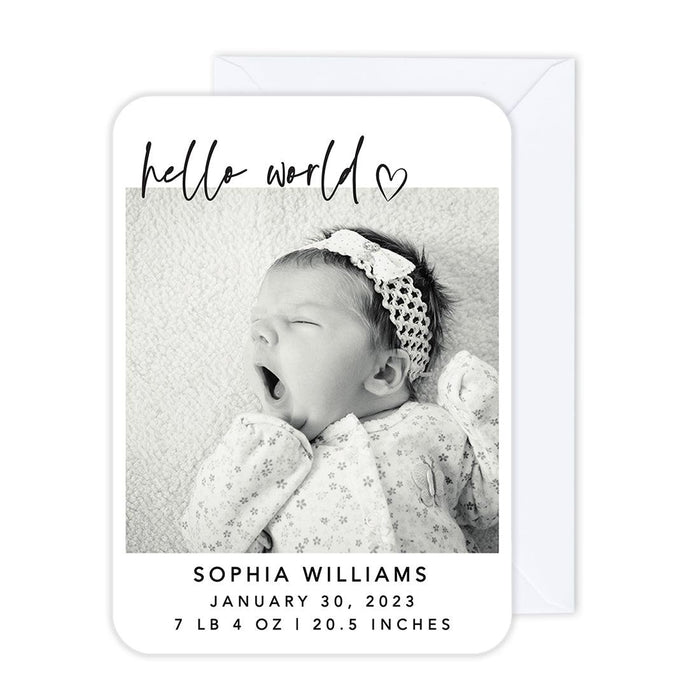 Custom Baby Photo Announcement Cards with Envelopes for Keepsake Notes, Set of 24-Set of 24-Andaz Press-Minimal Hello World-