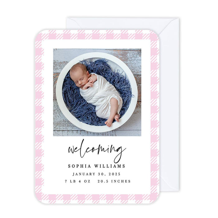 Custom Baby Photo Announcement Cards with Envelopes for Keepsake Notes, Set of 24-Set of 24-Andaz Press-Pink Plaid-