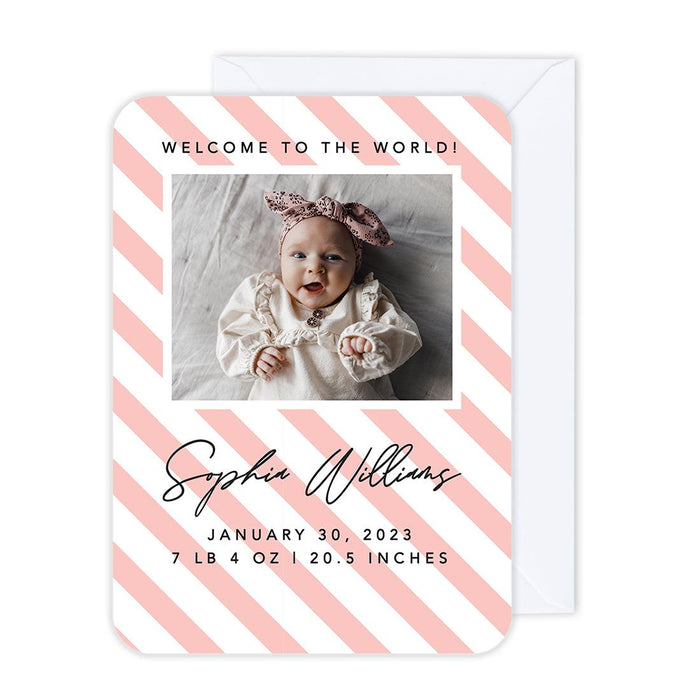 Custom Baby Photo Announcement Cards with Envelopes for Keepsake Notes, Set of 24-Set of 24-Andaz Press-Pink Stripes-