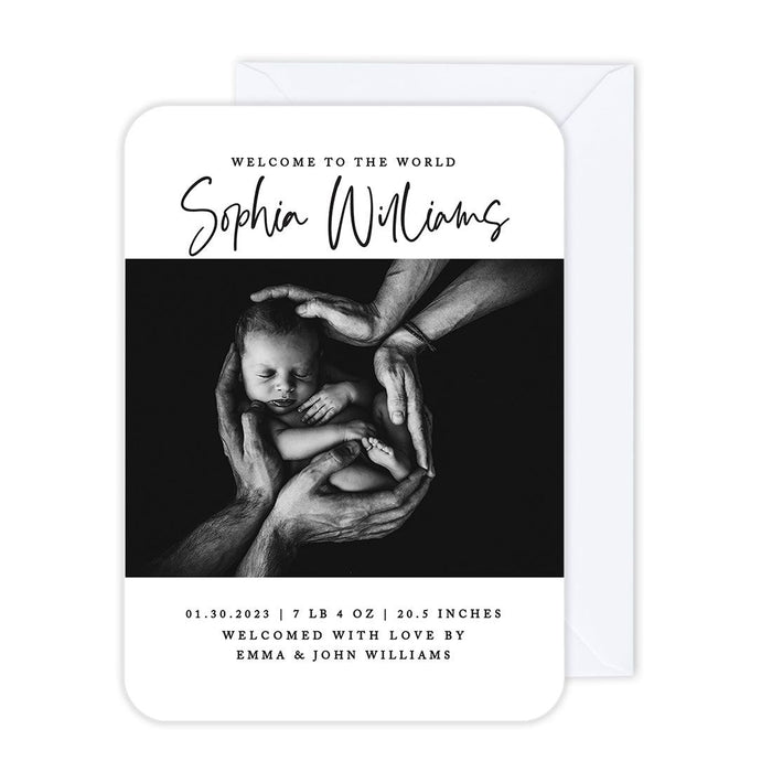 Custom Baby Photo Announcement Cards with Envelopes for Keepsake Notes, Set of 24-Set of 24-Andaz Press-Welcome To The World-