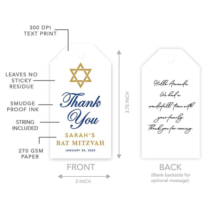 Custom Bar/Bat Mitzvah Favor Tags with String, Thank You Gift Tags for Party Favors, Set of 60-Set of 60-Andaz Press-Watercolor Blue-