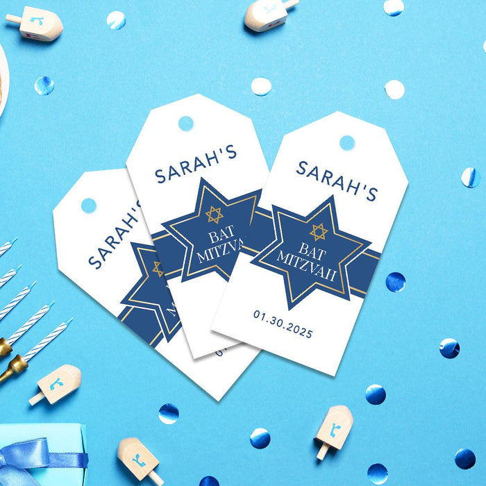 Custom Bar/Bat Mitzvah Favor Tags with String, Thank You Gift Tags for Party Favors, Set of 60-Set of 60-Andaz Press-Watercolor Blue-