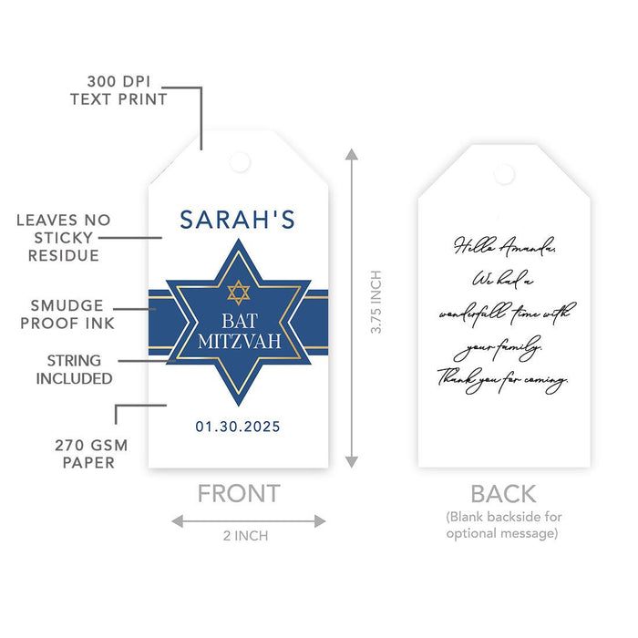 Custom Bar/Bat Mitzvah Favor Tags with String, Thank You Gift Tags for Party Favors, Set of 60-Set of 60-Andaz Press-Watercolor Blue-