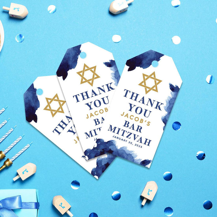 Custom Bar/Bat Mitzvah Favor Tags with String, Thank You Gift Tags for Party Favors, Set of 60-Set of 60-Andaz Press-Watercolor Blue-