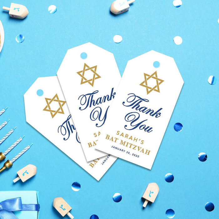 Custom Bar/Bat Mitzvah Favor Tags with String, Thank You Gift Tags for Party Favors, Set of 60-Set of 60-Andaz Press-Watercolor Blue-