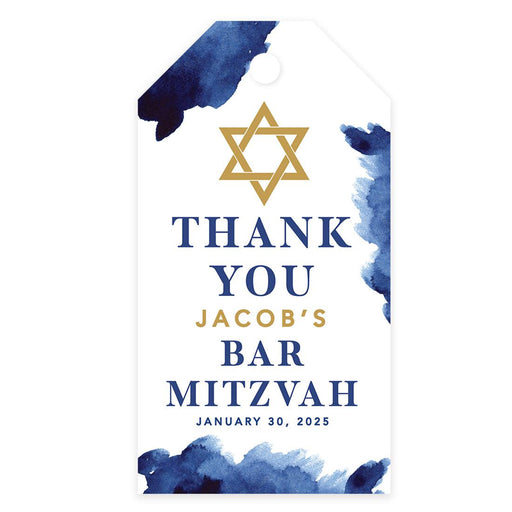 Custom Bar/Bat Mitzvah Favor Tags with String, Thank You Gift Tags for Party Favors, Set of 60-Set of 60-Andaz Press-Watercolor Blue-