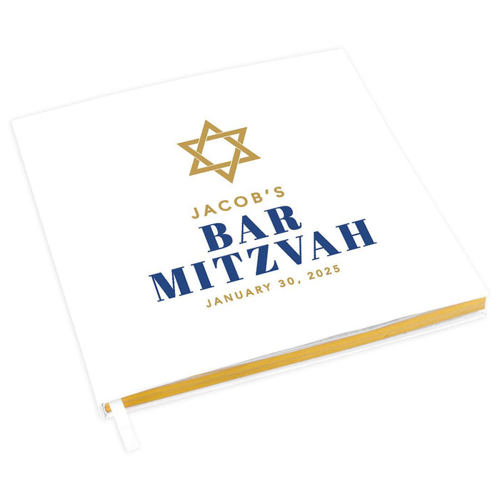 Custom Bar/Bat Mitzvah Guest Book with Gold Accents, Album for Girls, or Boys, Set of 1-Set of 1-Andaz Press-Blue and Gold Font-