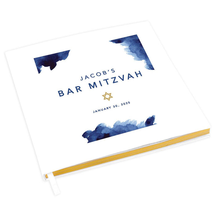 Custom Bar/Bat Mitzvah Guest Book with Gold Accents, Album for Girls, or Boys, Set of 1-Set of 1-Andaz Press-Watercolor Blue-