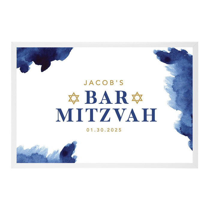 Custom Bar/Bat Mitzvah Signature Frame Guest Book Alternative, Set of 1-Set of 1-Andaz Press-Blue Watercolor Corners-