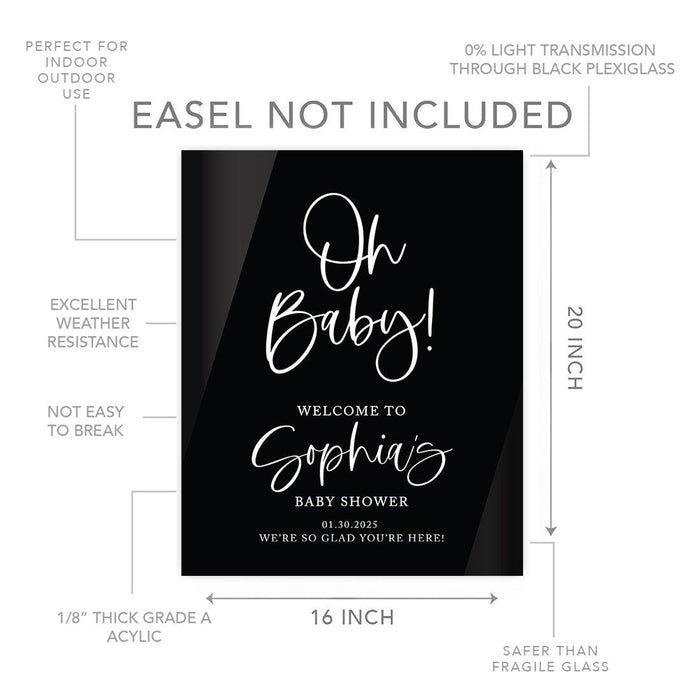 Custom Black Acrylic Baby Shower Welcome Sign, Large Gender-Neutral Decorative Sign, 16'' x 20''-Set of 1-Andaz Press-Oh Baby!-