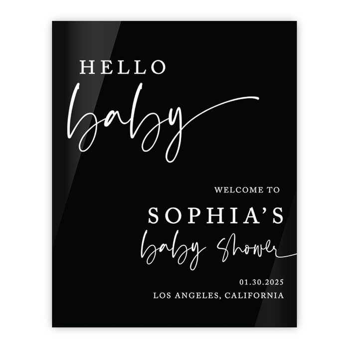 Custom Black Acrylic Baby Shower Welcome Sign, Large Gender-Neutral Decorative Sign, 16'' x 20''-Set of 1-Andaz Press-Modern Hello Baby-