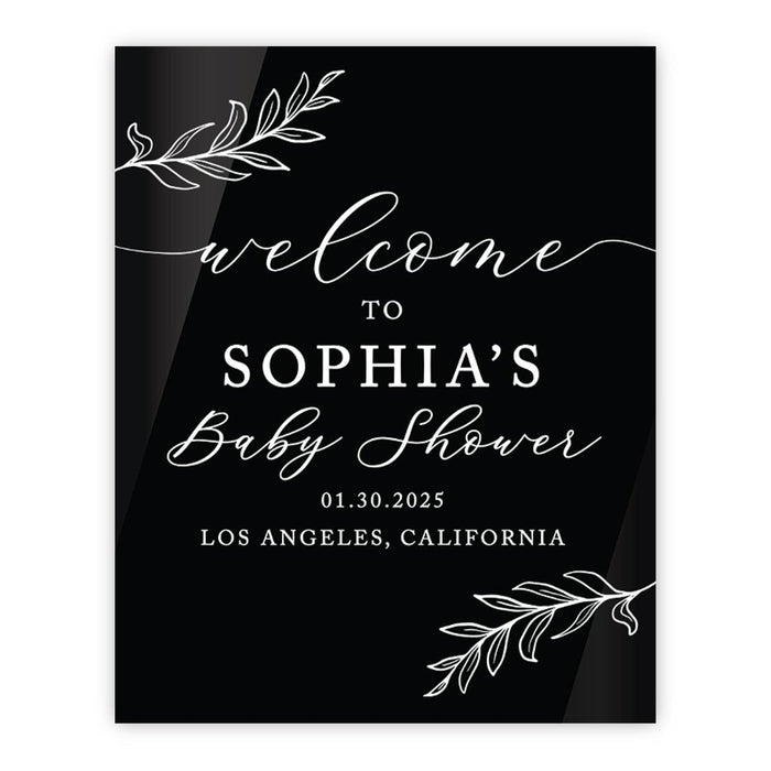 Custom Black Acrylic Baby Shower Welcome Sign, Large Gender-Neutral Decorative Sign, 16'' x 20''-Set of 1-Andaz Press-Rustic Laurel Leaves-