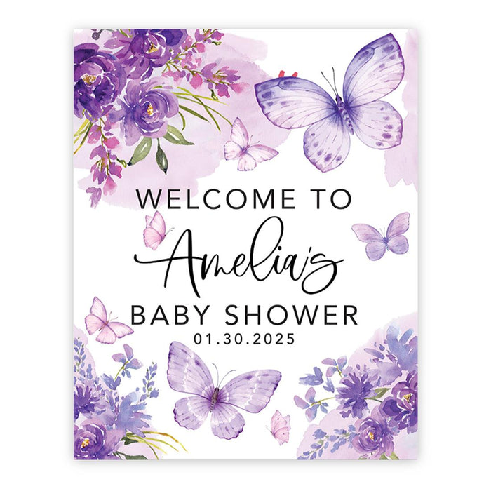 Custom Blooming Baby Shower: Floral Canvas Decor & Guest Book Alternative-Set of 1-Andaz Press-Purple Florals & Butterflies-