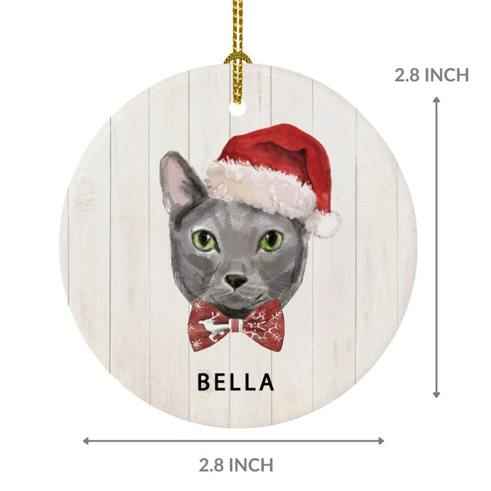 Custom Bulk Round Porcelain Christmas Tree Ornament, Holly Wreath Santa Hat Cat Graphic-Set of 6-Andaz Press-Blue Russian-