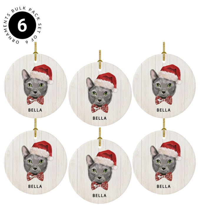 Custom Bulk Round Porcelain Christmas Tree Ornament, Holly Wreath Santa Hat Cat Graphic-Set of 6-Andaz Press-Blue Russian-