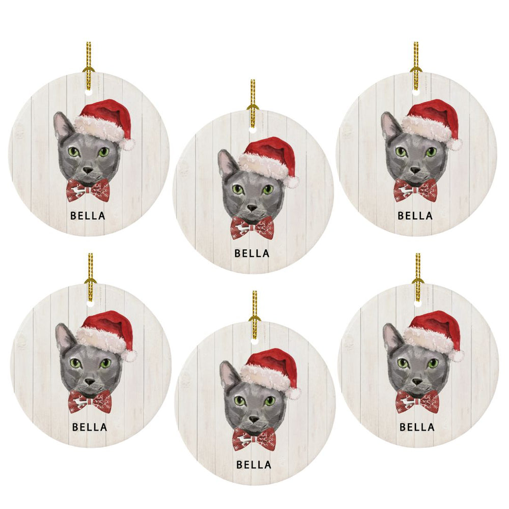 Custom Bulk Round Porcelain Christmas Tree Ornament, Holly Wreath Santa Hat Cat Graphic-Set of 6-Andaz Press-Blue Russian-