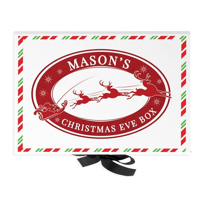 Custom Christmas Eve Box for Kids, Xmas Gifts, Closed Lid, 3 Ribbon Colors, Set of 1-Set of 1-Andaz Press-Oval Santa Sleigh-