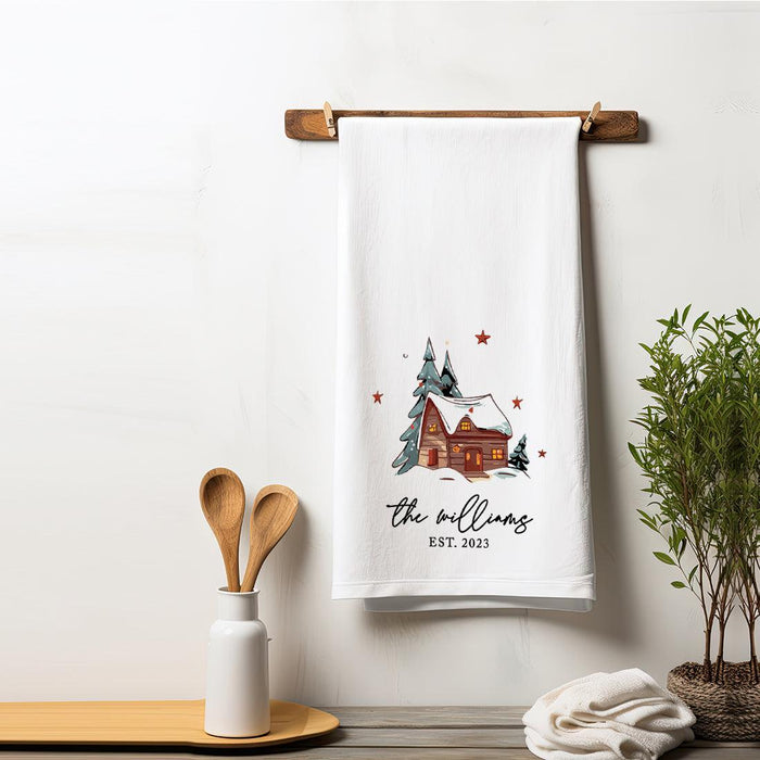 Custom Christmas Kitchen Towels, Flour Sack Tea Towel for Holiday Decor, Set of 1-Set of 1-Andaz Press-Winter Cabin Custom Family Name Est. Year-