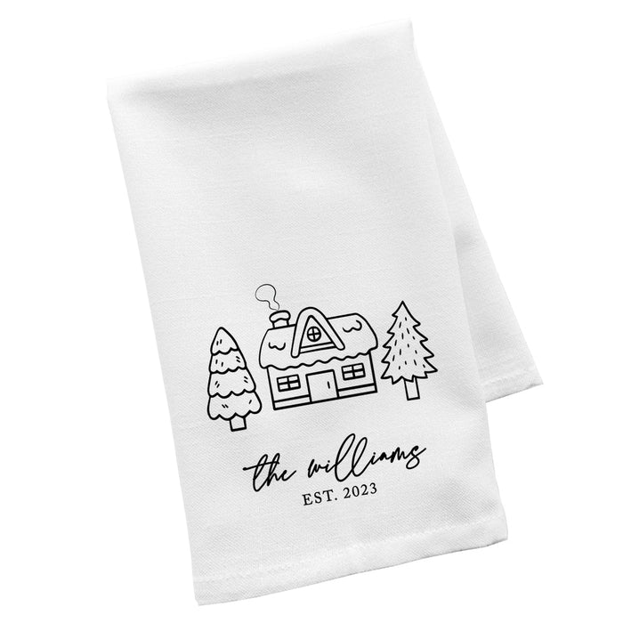 Custom Christmas Kitchen Towels, Flour Sack Tea Towel for Holiday Decor, Set of 1-Set of 1-Andaz Press-Winter Cabin Custom Family Name Est. Year-