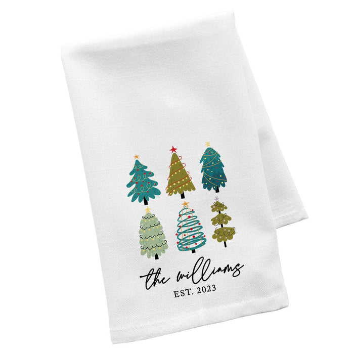 Custom Christmas Kitchen Towels, Flour Sack Tea Towel for Holiday Decor, Set of 1-Set of 1-Andaz Press-Christmas Trees Family Name Est. Year-