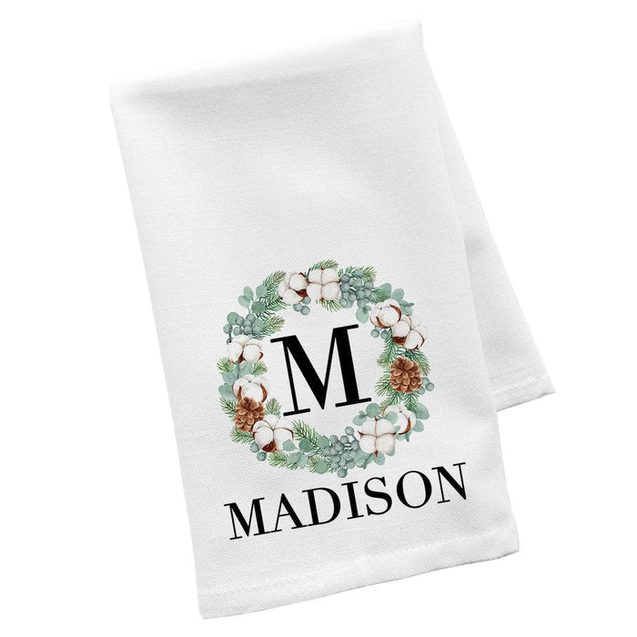 Custom Christmas Kitchen Towels, Flour Sack Tea Towel for Holiday Decor, Set of 1-Set of 1-Andaz Press-Pine Cone Wreath Monogram Custom Name-