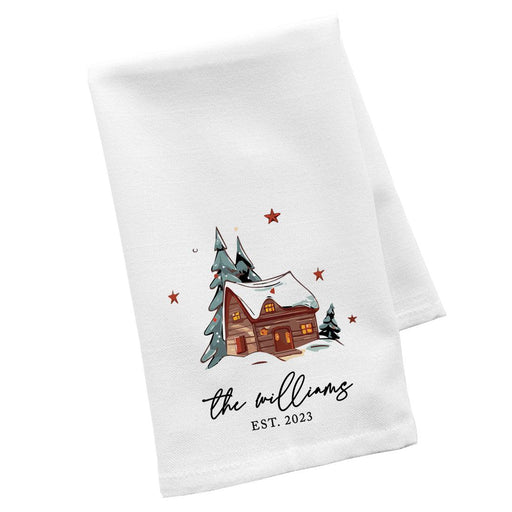 Custom Christmas Kitchen Towels, Flour Sack Tea Towel for Holiday Decor, Set of 1-Set of 1-Andaz Press-Winter Cabin Custom Family Name Est. Year-
