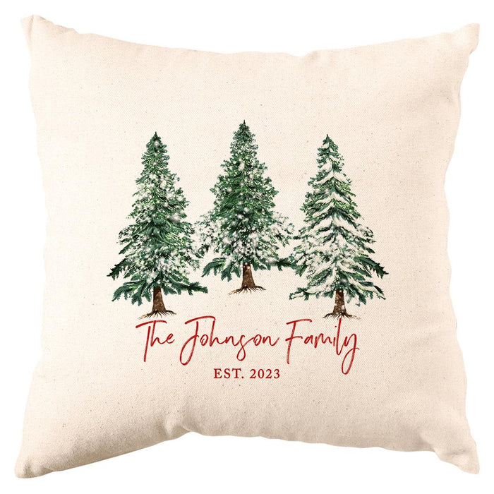 Custom Christmas Pillow Cover, Holiday Decor Gift, Set of 1-Set of 1-Andaz Press-Snow Flocked Pine Trees with Family Name-