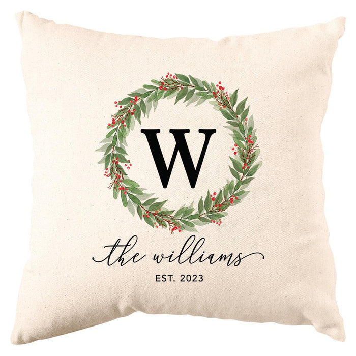 Custom Christmas Pillow Cover, Holiday Decor Gift, Set of 1-Set of 1-Andaz Press-Wreath Monogram Family Name-
