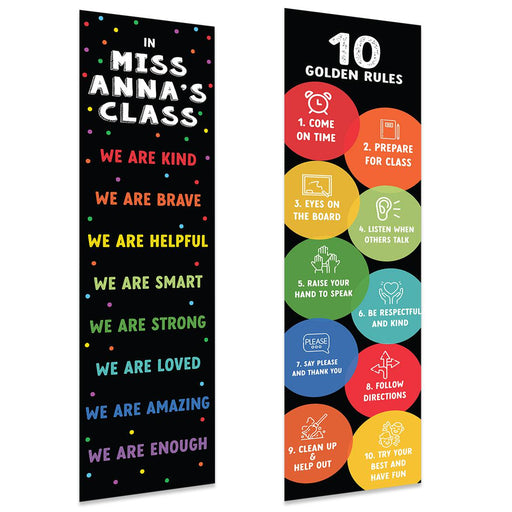 Custom Classic Rainbow Classroom Banner Poster Sign for Teachers, Door Wall Decor, Set of 2-Set of 2-Andaz Press-Teacher Sign 10 Golden Rules Posters-