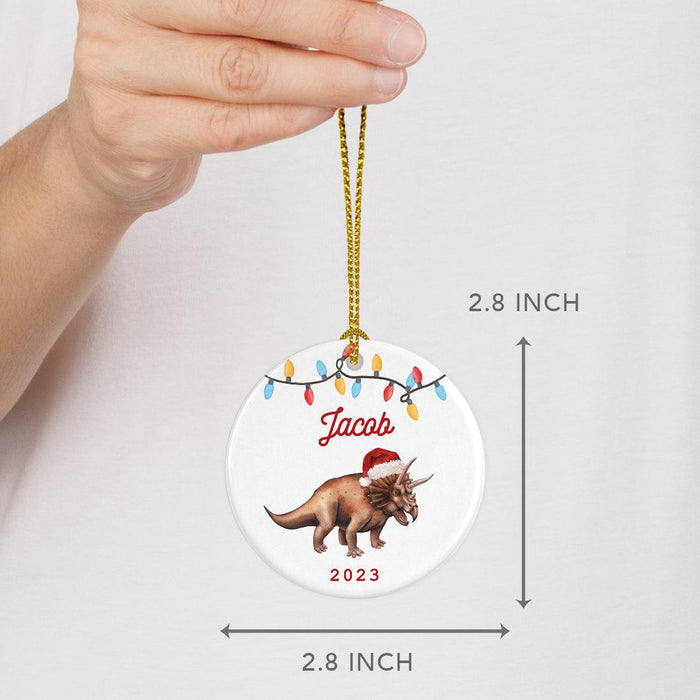 Custom Dinosaur Porcelain Christmas Ornament Keepsake for kids, Set of 1-Set of 1-Andaz Press-T-Rex Dinosaur with Santa Hat-