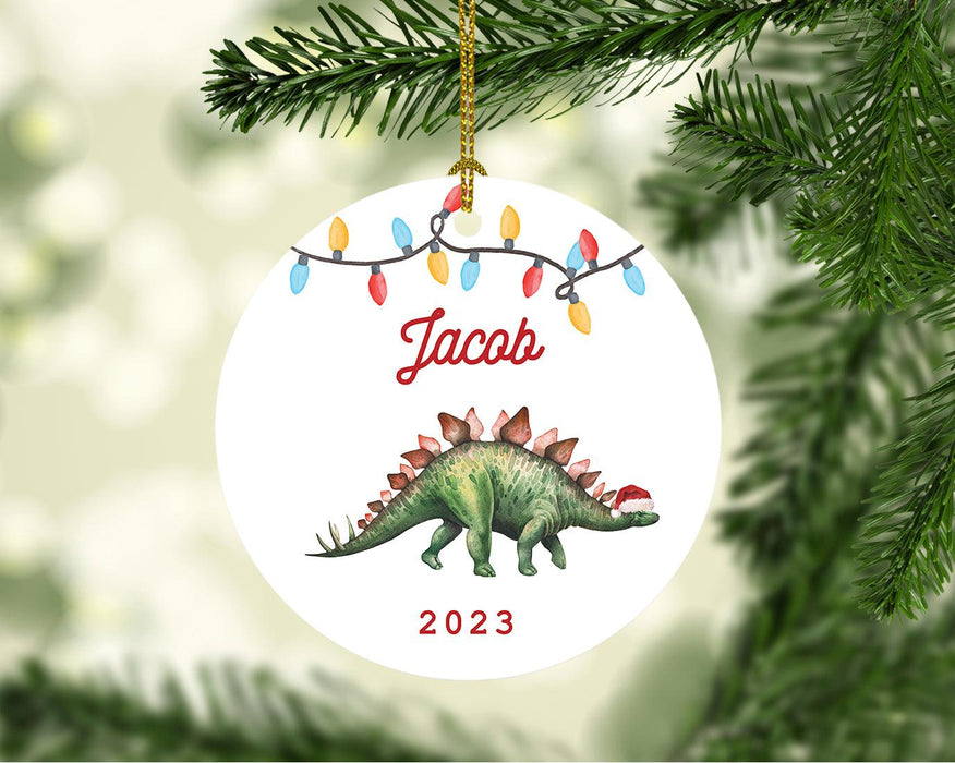 Custom Dinosaur Porcelain Christmas Ornament Keepsake for kids, Set of 1-Set of 1-Andaz Press-T-Rex Dinosaur with Santa Hat-