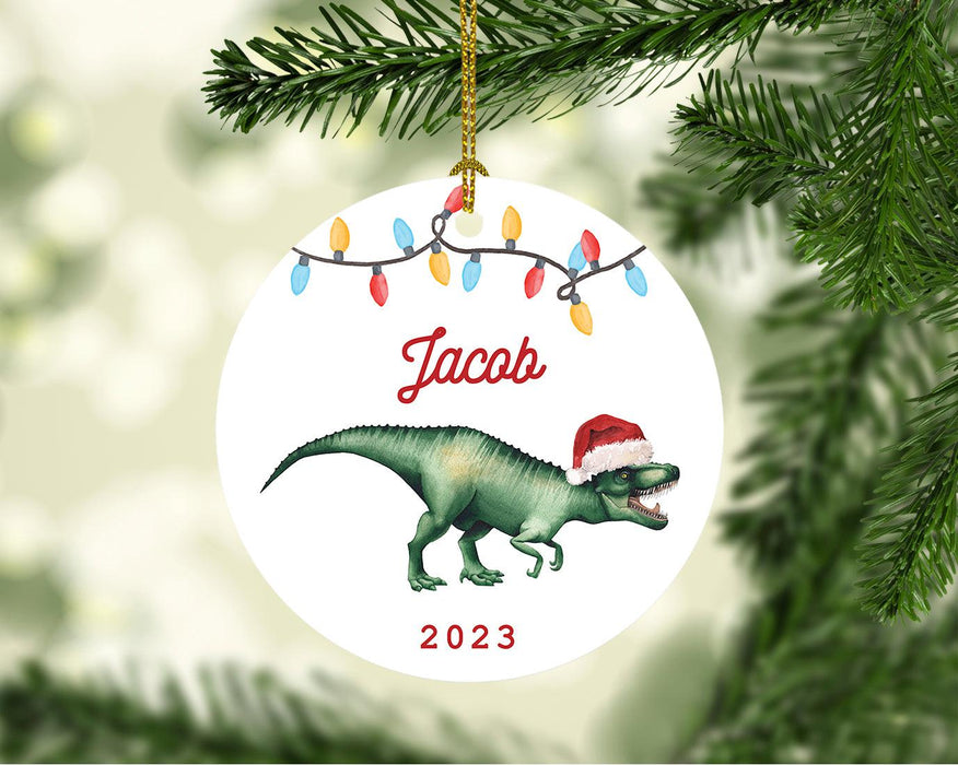 Custom Dinosaur Porcelain Christmas Ornament Keepsake for kids, Set of 1-Set of 1-Andaz Press-T-Rex Dinosaur with Santa Hat-