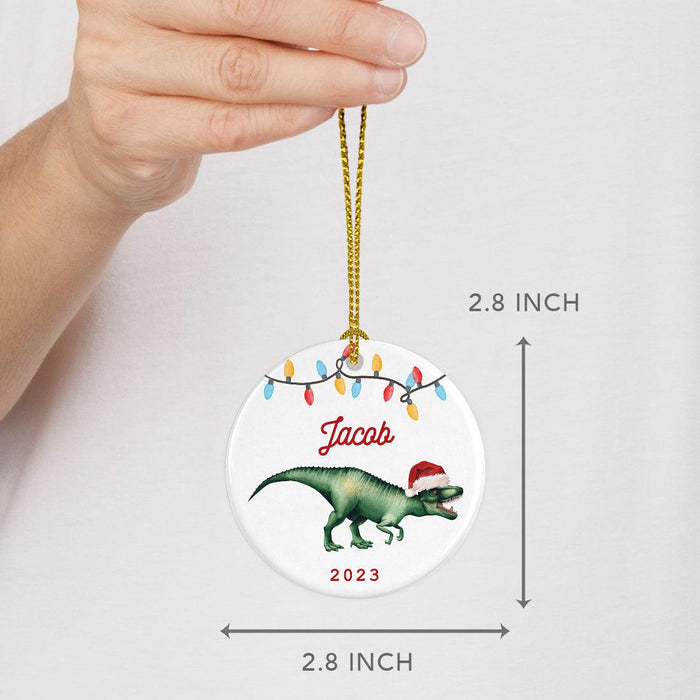 Custom Dinosaur Porcelain Christmas Ornament Keepsake for kids, Set of 1-Set of 1-Andaz Press-T-Rex Dinosaur with Santa Hat-