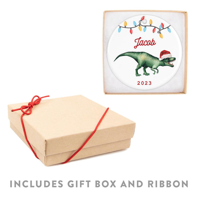 Custom Dinosaur Porcelain Christmas Ornament Keepsake for kids, Set of 1-Set of 1-Andaz Press-T-Rex Dinosaur with Santa Hat-