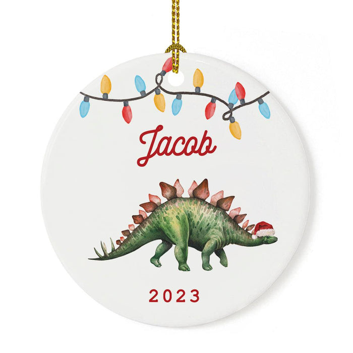 Custom Dinosaur Porcelain Christmas Ornament Keepsake for kids, Set of 1-Set of 1-Andaz Press-Stegosaurus Dinosaur with Santa Hat-