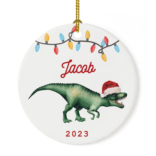 Custom Dinosaur Porcelain Christmas Ornament Keepsake for kids, Set of 1-Set of 1-Andaz Press-T-Rex Dinosaur with Santa Hat-