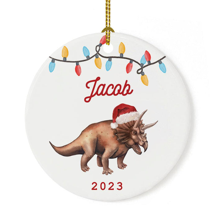 Custom Dinosaur Porcelain Christmas Ornament Keepsake for kids, Set of 1-Set of 1-Andaz Press-Triceratops Dinosaur with Santa Hat-