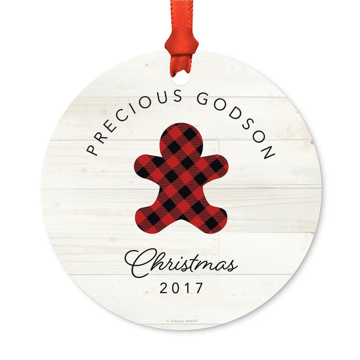 Custom Family Metal Christmas Ornament, Our First Christmas, Lumberjack Buffalo Red Plaid, Year-Set of 1-Andaz Press-Grandma Grandpa-
