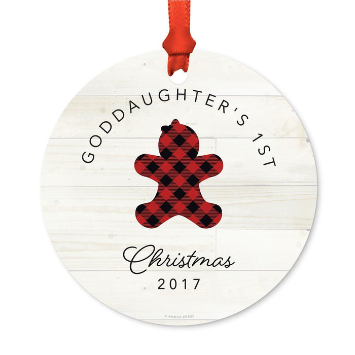 Custom Family Metal Christmas Ornament, Our First Christmas, Lumberjack Buffalo Red Plaid, Year-Set of 1-Andaz Press-Grandma Grandpa-