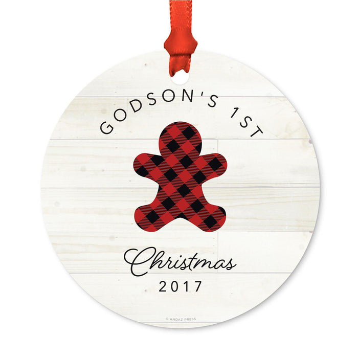 Custom Family Metal Christmas Ornament, Our First Christmas, Lumberjack Buffalo Red Plaid, Year-Set of 1-Andaz Press-Grandma Grandpa-