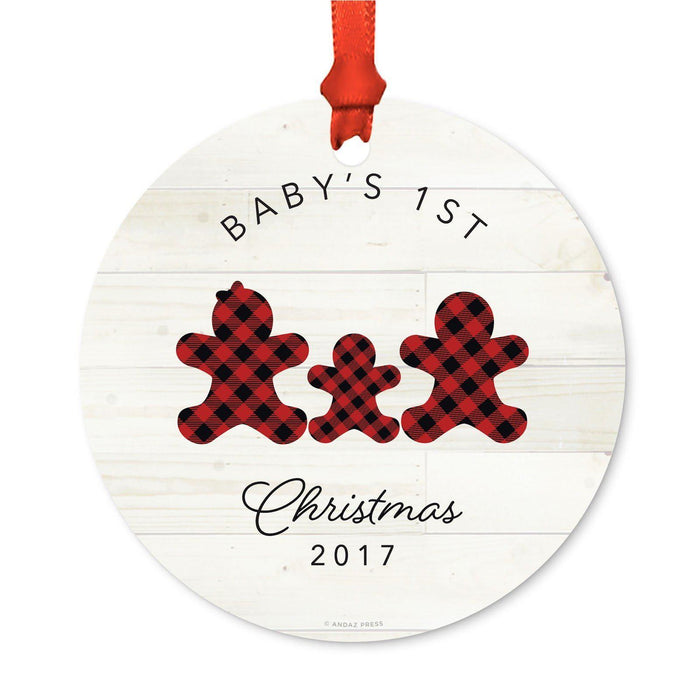 Custom Family Metal Christmas Ornament, Our First Christmas, Lumberjack Buffalo Red Plaid, Year-Set of 1-Andaz Press-Grandma Grandpa-
