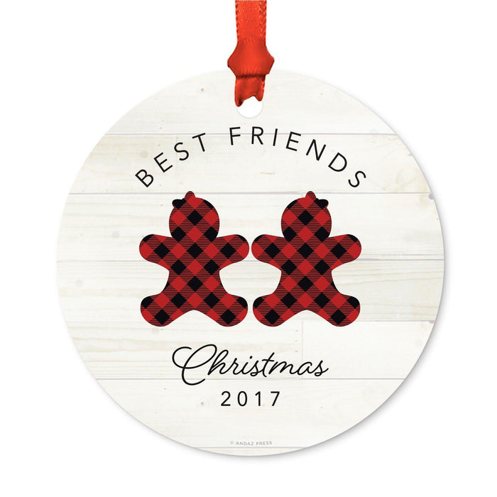 Custom Family Metal Christmas Ornament, Our First Christmas, Lumberjack Buffalo Red Plaid, Year-Set of 1-Andaz Press-Grandma Grandpa-